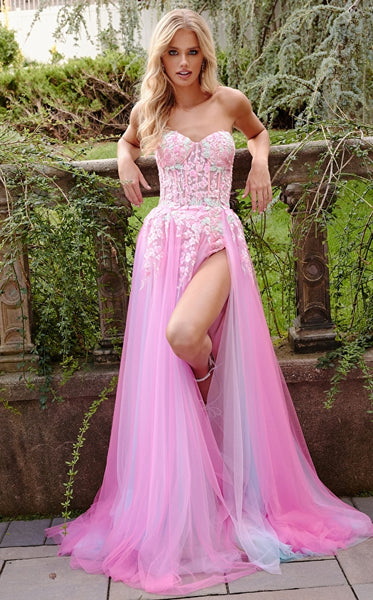 JVN25912 Pink Corset Bodice Fit and Flare Homecoming Dress - Sequin &  Embroidery