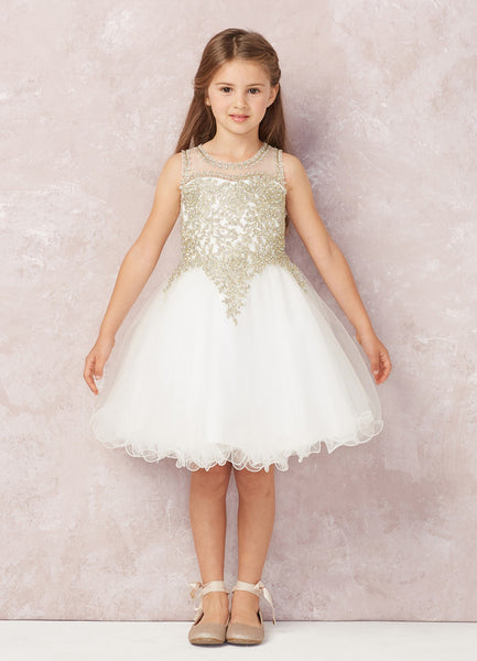 Short Flower Girl Dress with Gold Lace 7013 RB Sparkly Gowns