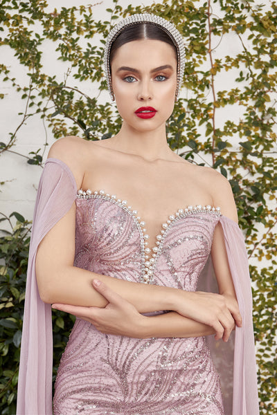 Andrea & Leo Couture A1075 Cape Sleeves Fitted Eleanor Glass Evening Gown  Andrea & Leo Couture A1075 Cape Sleeves Fitted Eleanor Glass Evening Gown