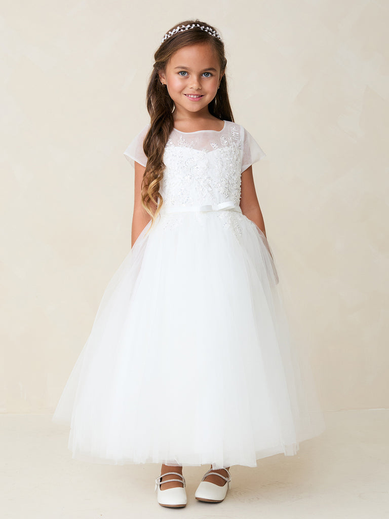 Short Sleeves Illusion Neckline  First Communion Gown 5890