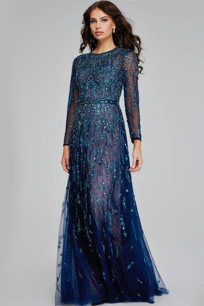 Jovani 80807  Long Sleeves Navy Embellished Dress