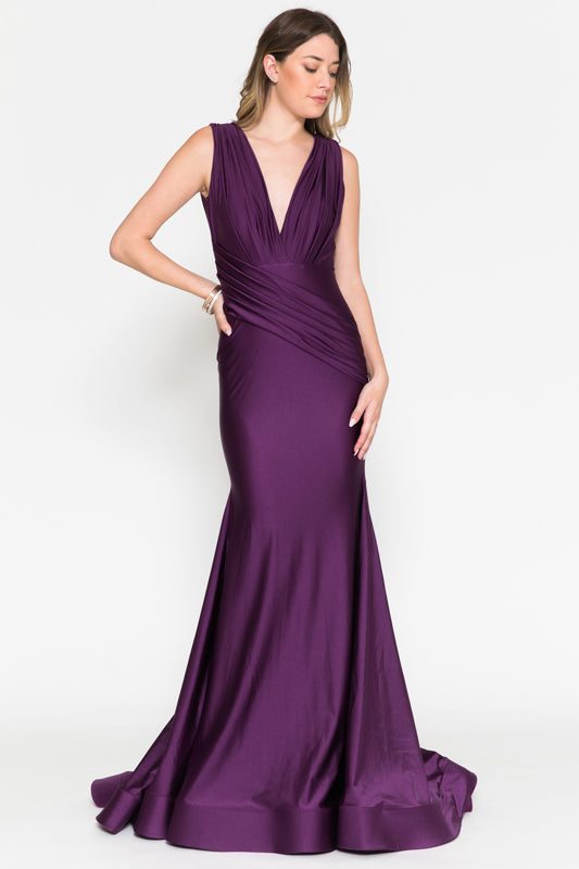 Fitted Satin Sleeveless Open Back Eggplant Evening Gown AC370 – Sparkly ...
