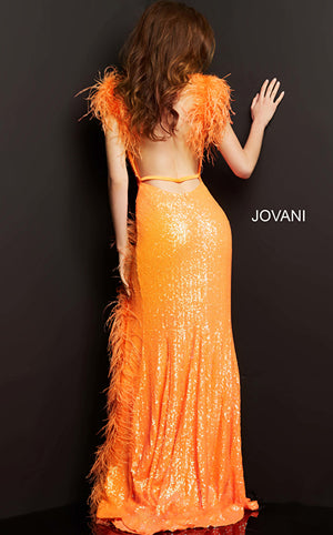 Jovani 06164 Orange Sequin and Feather Fitted Prom Dress