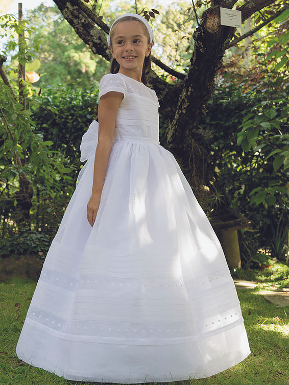 Vestido Comunión Española Blanco Manga Corta Organza u Organdí Suizo 1215