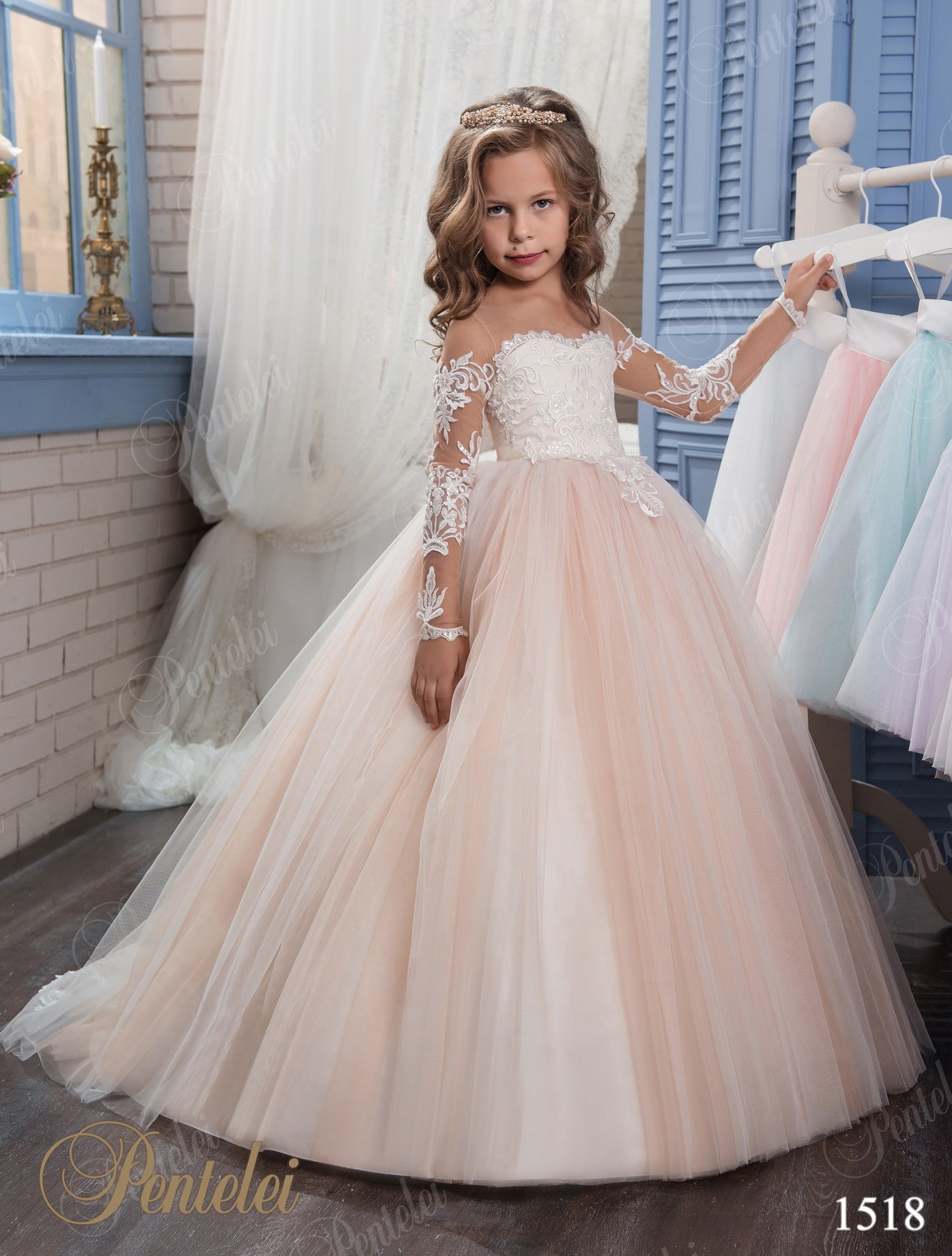 Authentic 1518 Long Sleeves Lace and Tulle Flower Girl Dress – Sparkly Gowns