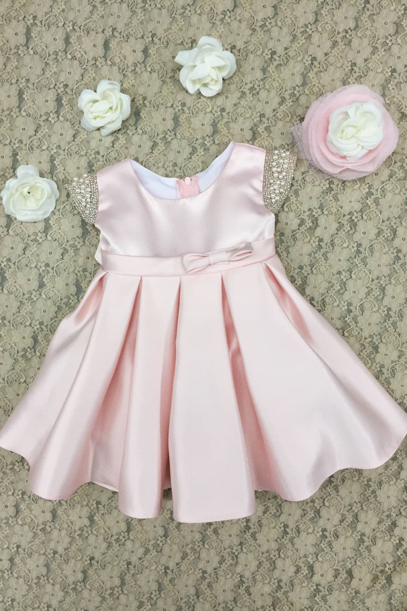 Satin Dress Beaded Short Sleeves Baby Dress – Sparkly Gowns