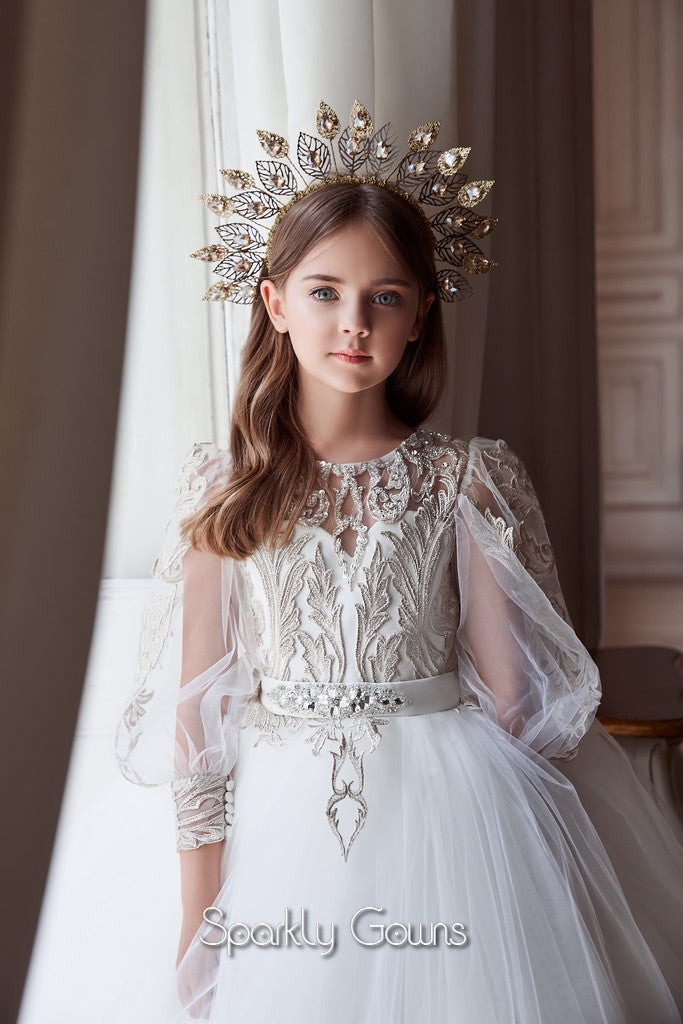 Keyhole Back Bishop Sleeves Lace Appliques A-line Flower Girl Communio ...