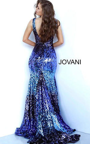 Jovani 3192 Blue Multi Sequin Plunging V Neck