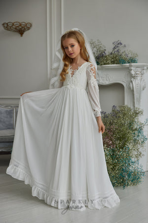 Chic Luxury Satin Flounces Sleeves Ball Gown Flower Girl Communion