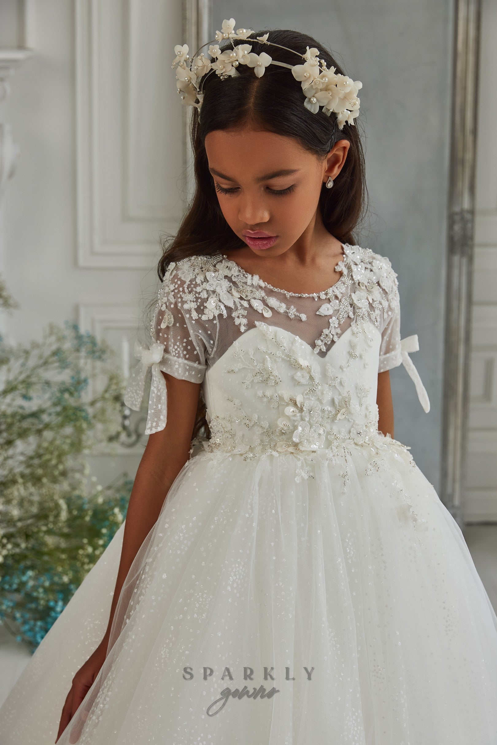 Breathtaking sleeveless tulle first communion dress with jeweled neckline -  FirstCommunions.com