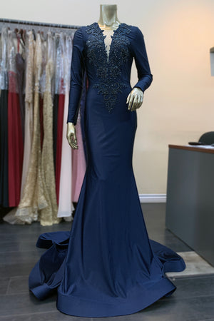 Long Sleeves Satin  V-Neckline Amelia Navy Evening Gown AC382