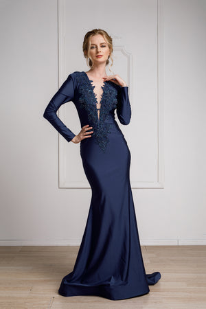 Long Sleeves Satin  V-Neckline Amelia Navy Evening Gown AC382