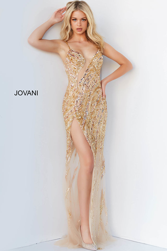 Beaded Embellishment Illusion Front Cut Out Prom Gown By Jovani 04195