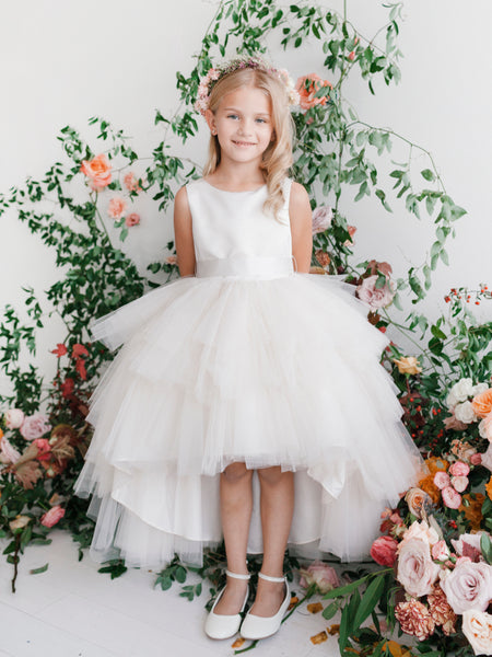 Ivory Ruffled Tulle High-Low Flower Girl Dress 5658 – Sparkly Gowns