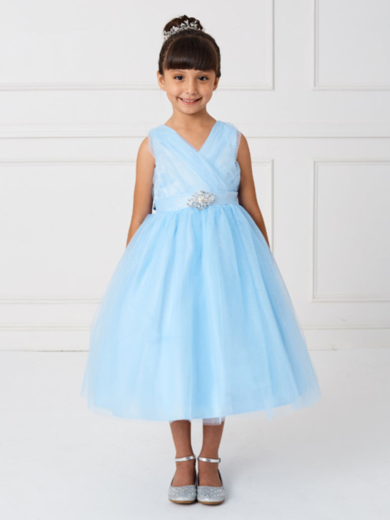 Delicate Glitter V Neckline Tulle Flower Girl Dress 5698 – Sparkly Gowns