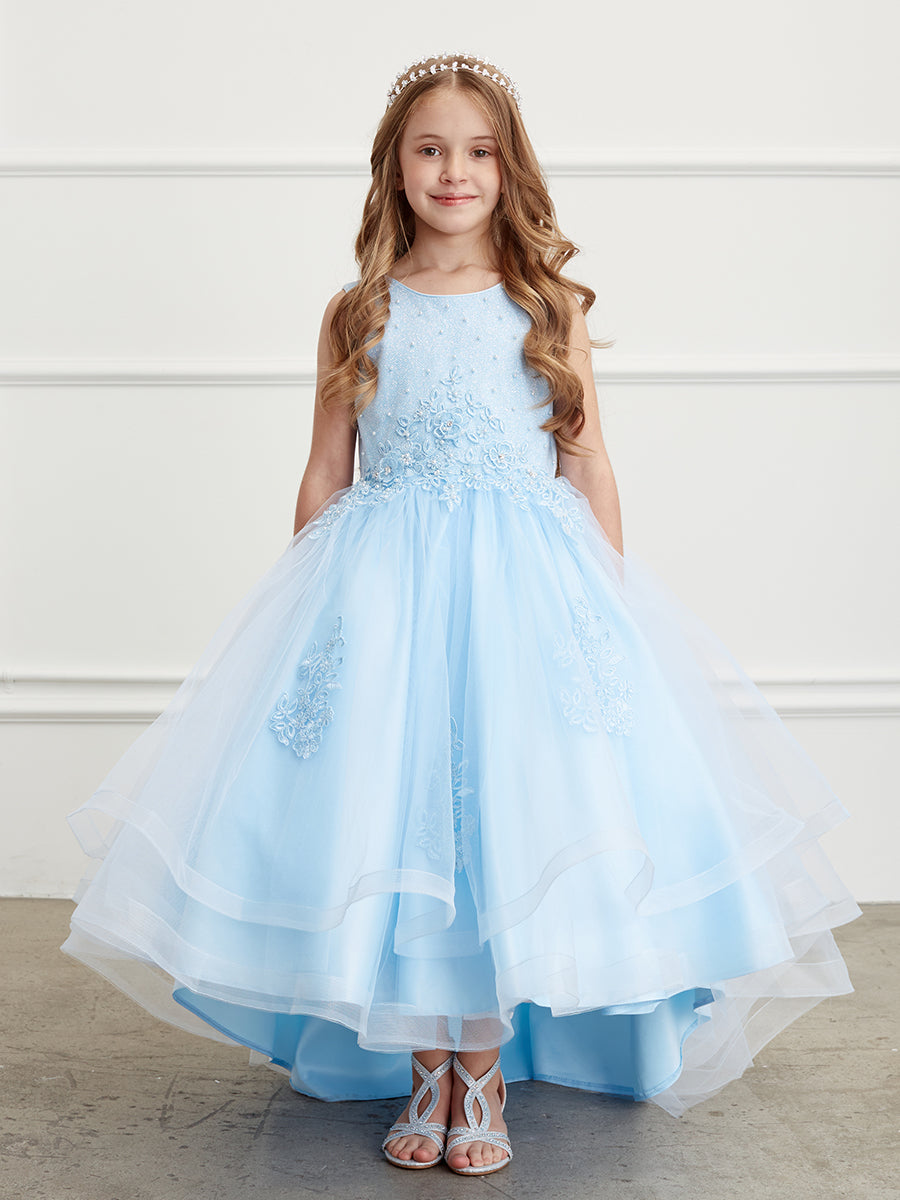 Asymmetric Skirt Glitter Bodice Sleeveless Blue Communion Flower Girl –  Sparkly Gowns