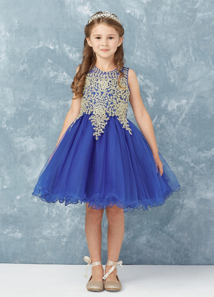 Short Flower Girl Dress with Gold Lace 7013 RB – Sparkly Gowns