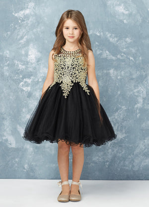Short Flower Girl Dress with Gold Lace 7013B – Sparkly Gowns