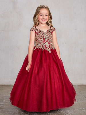 Off-the-Shoulder Gold Lace Red Ball Gown 7024R