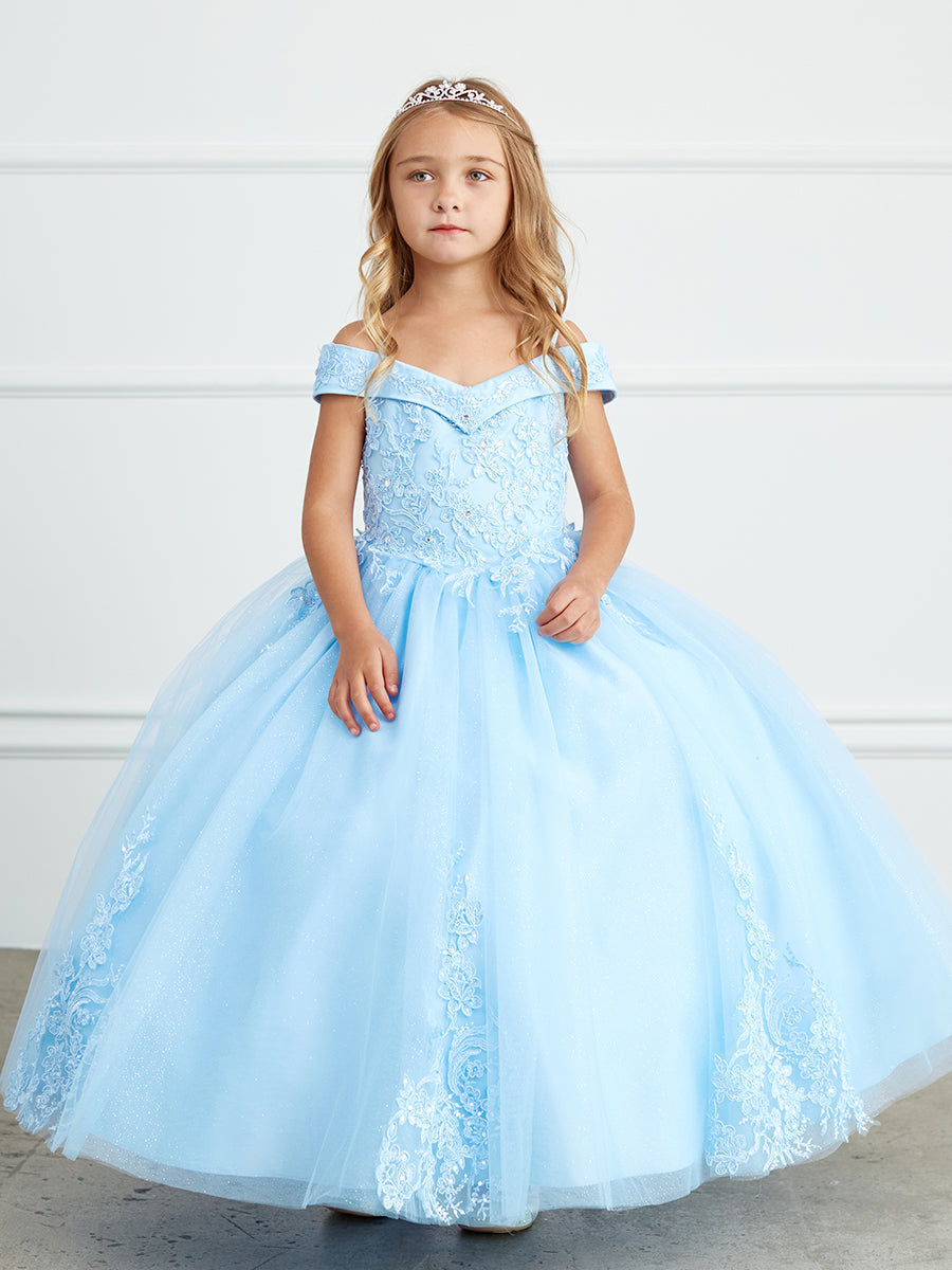Lace and Tulle Off-the-Shoulder Sky Blue Flower Girl Full Length Gown –  Sparkly Gowns