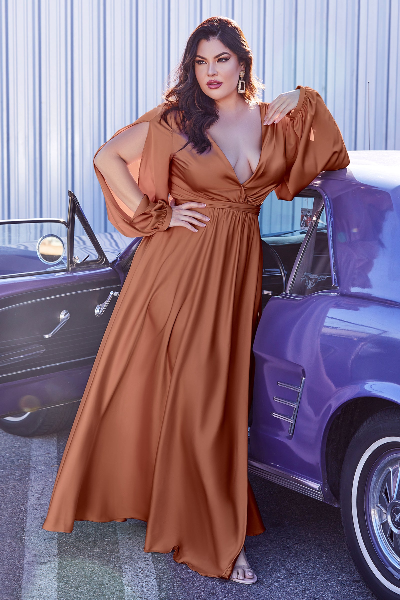 Opened Long Sleeve Satin Sienna Evening Gown 7475S – Sparkly Gowns