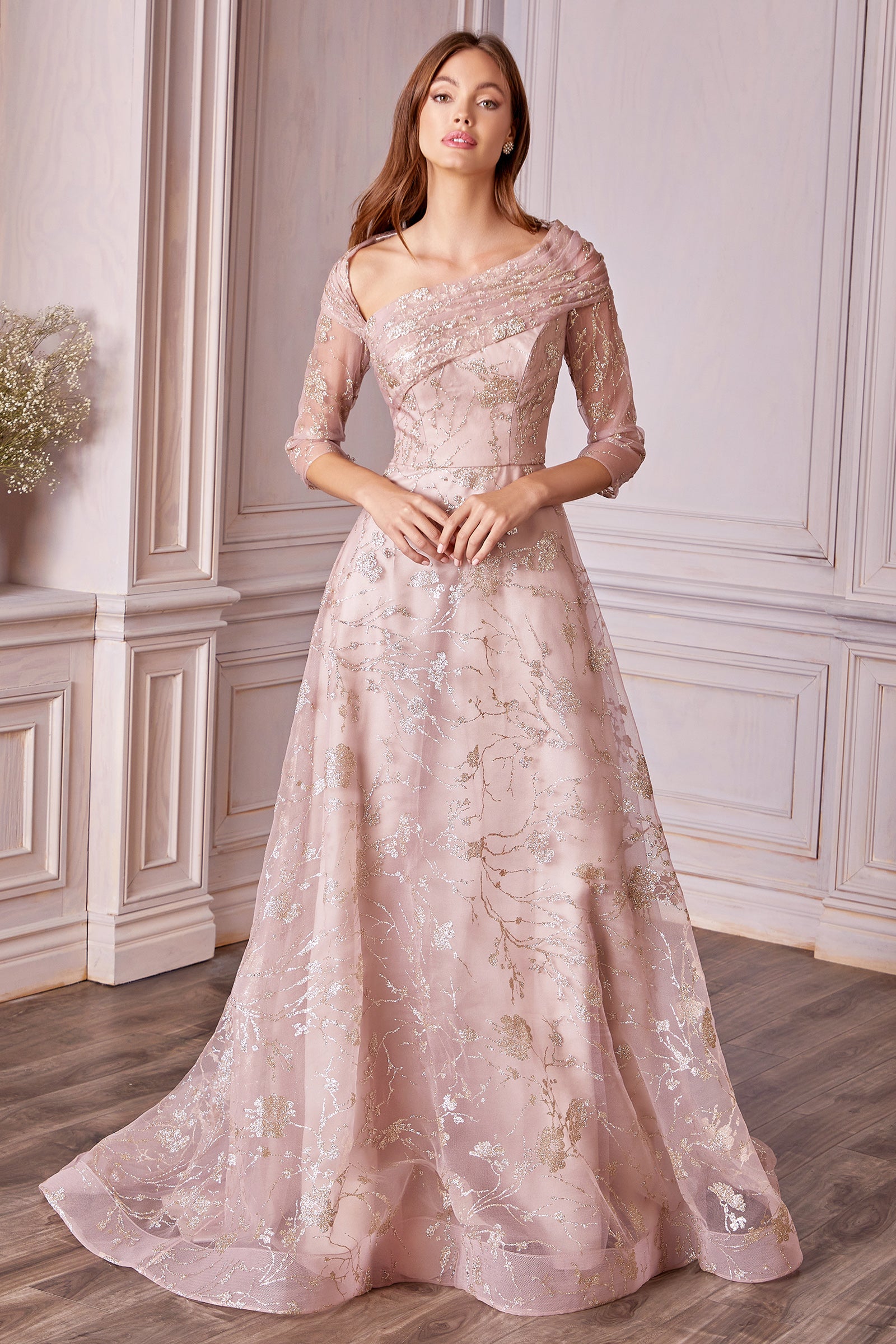 Asymmetrical Neckline 3/4 Sleeves Floral Print A-line Andrea & Leo Cou –  Sparkly Gowns