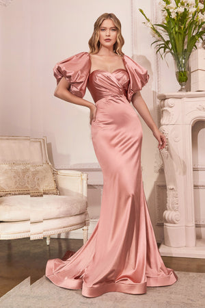 Satin Gown with Puff Sleeves Fitted Evening Bridesmaid Dress CD983