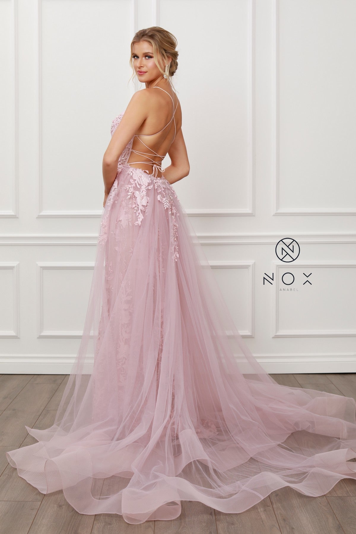 Beaded Prom Dress with Tulle Organza Overskirt - Promfy