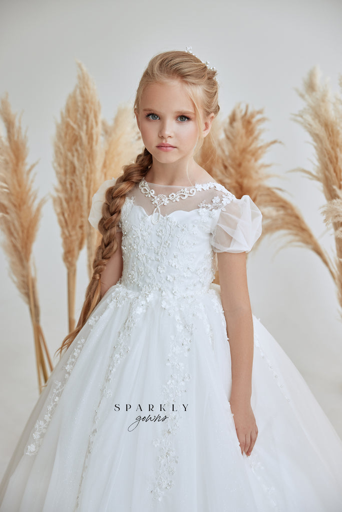 Mini Puffed Sleeves Princess Communion Gown Flower Girl FM084 – Sparkly ...
