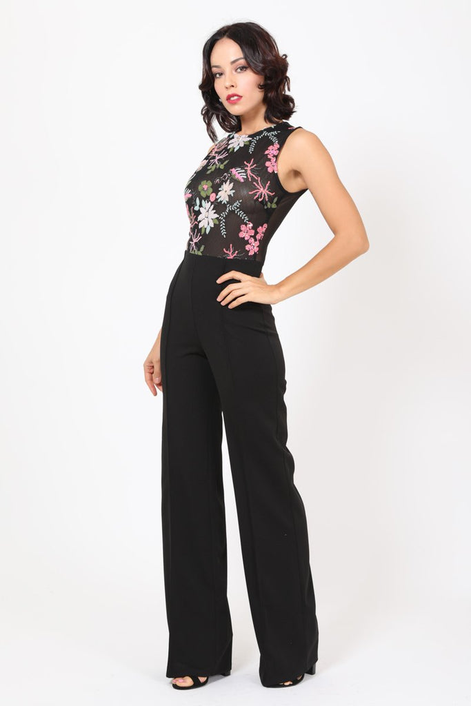 Sleeveless Floral Embroidered Bodice Jumpsuit 15623 – Sparkly Gowns