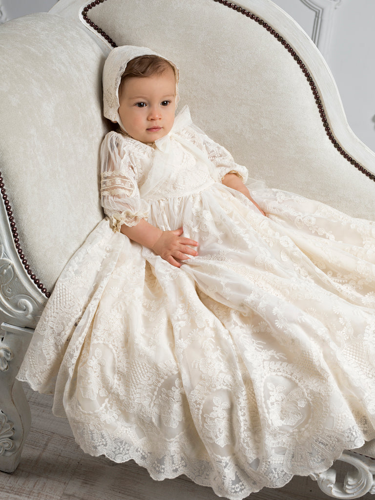 Spanish Unisex Baby Christening Gown with Bonnet M208 – Sparkly Gowns