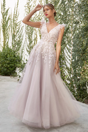 K258068 Magnificent Aurora Sequin Lace A-line Gown with V-Neckline and Off  the Shoulder Sleeves