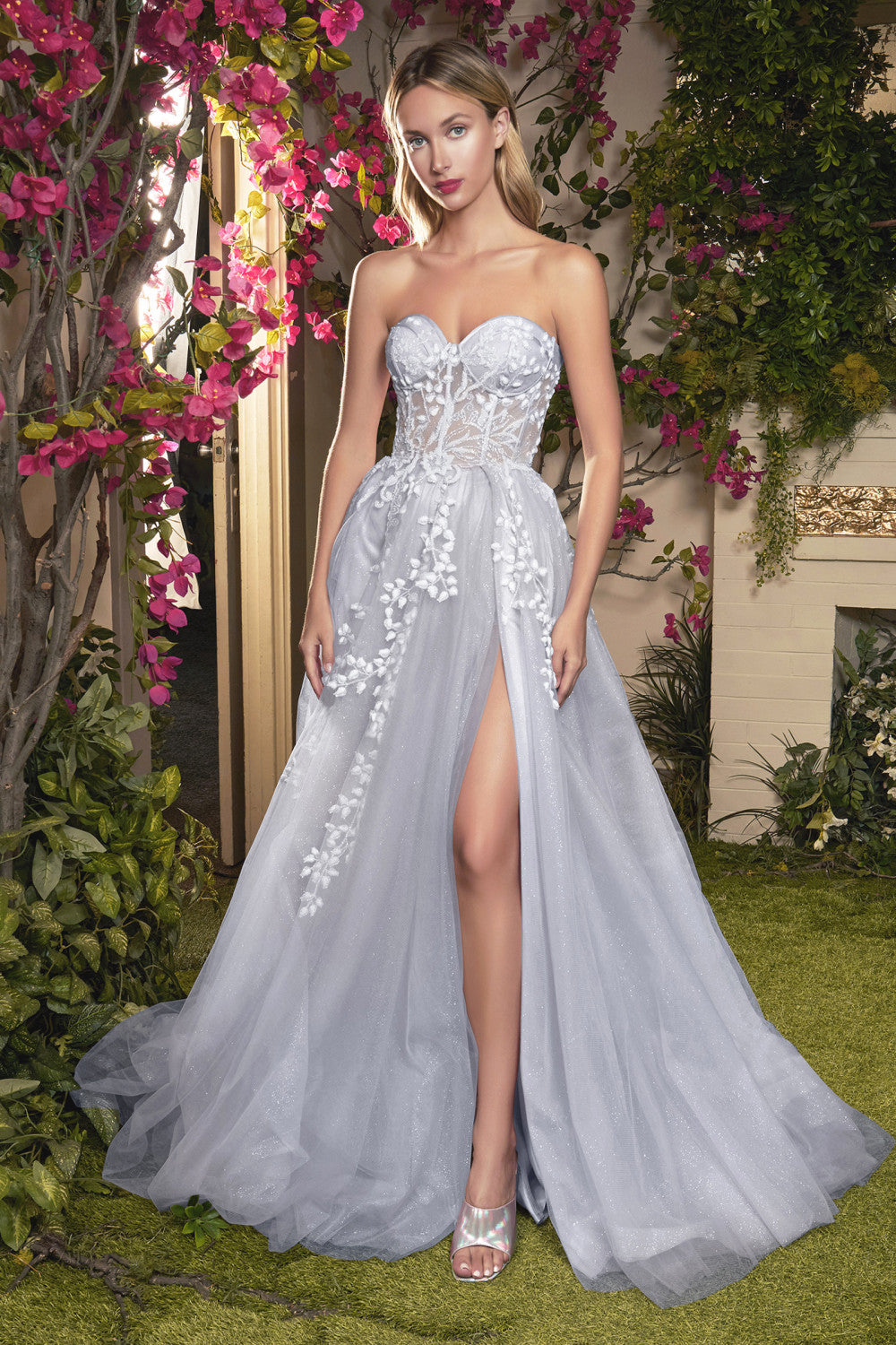 Andrea & Leo Couture A1029 Corset Strapless Floral Applique Blue Eveni –  Sparkly Gowns