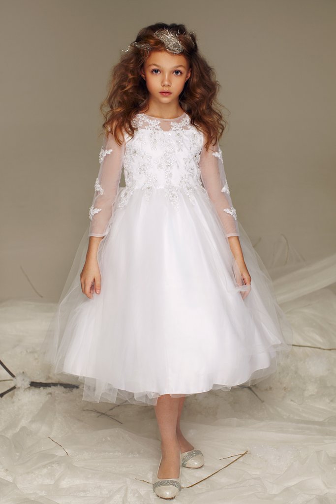 Cute Ivory Flower Girl Dresses 2022 Lace A Line Chiffon Baby Girl Party  Dresses Back Bowknot Tea Length First Communion Dresses