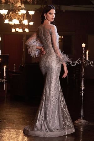 Fitted Long Sleeves Feathers Glitter Evening Dress Cinderella Divine CB090