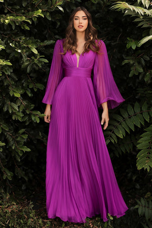 Pleated Long Bell Sleeves Gown CD242