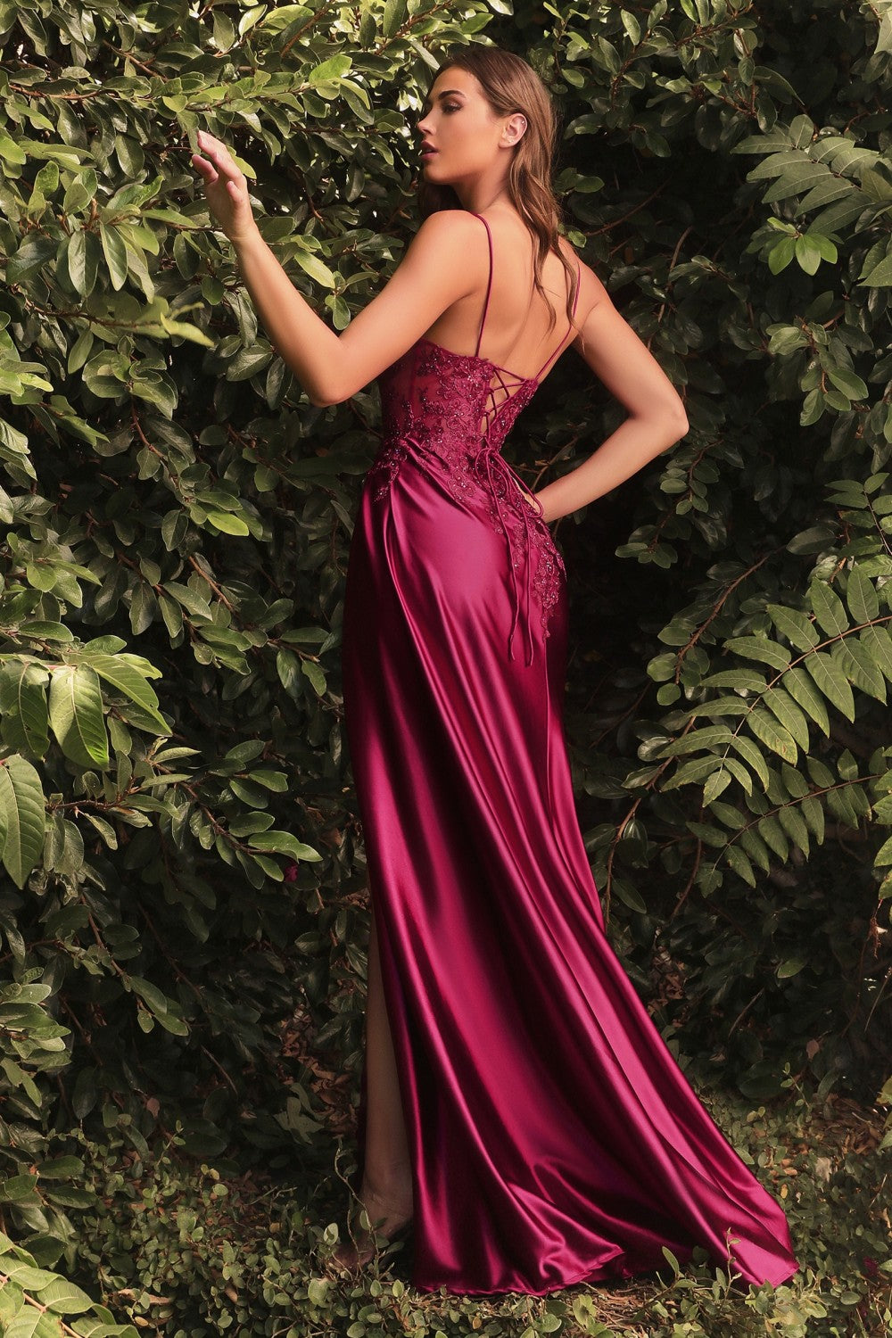 Lace & Satin Plunging Neckline Evening Gown CM318 – Sparkly Gowns